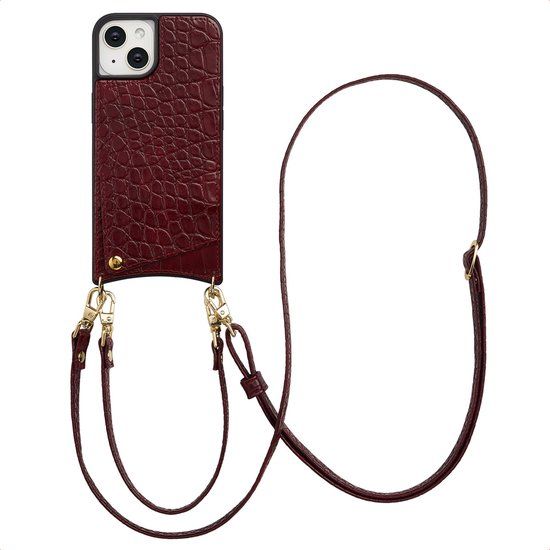 Selencia Hoesje - Geschikt voor Apple iPhone 14 / 13 - Croco Backcover met koord en pashouder - Burgundy