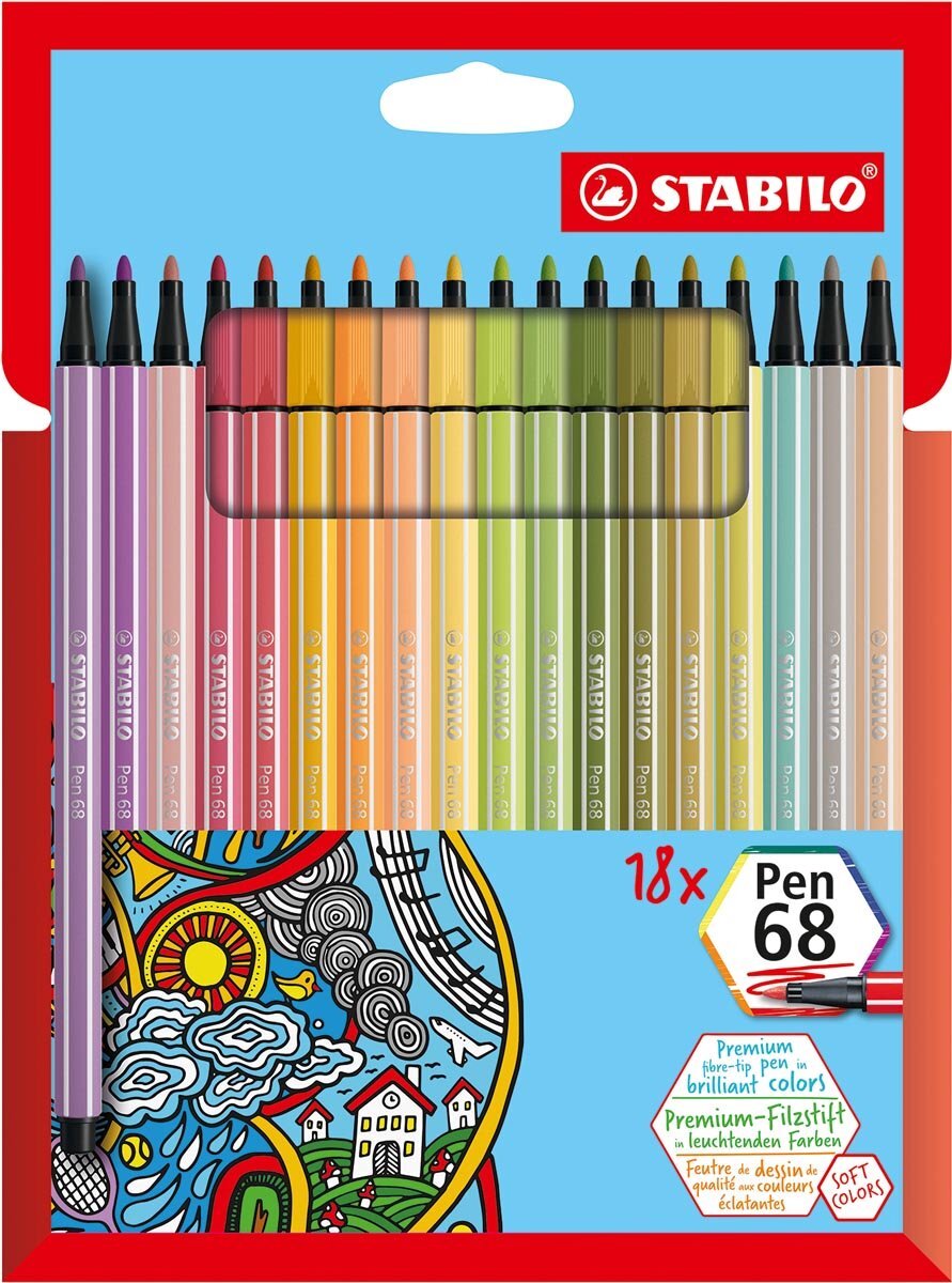 Stabilo Viltstift pen 68 etui à 18 nieuwe kleuren