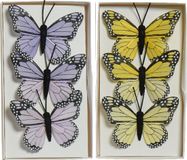 Decoris Decoratie vlinders op draad - 6x stuks - geel - paars - 6 cm