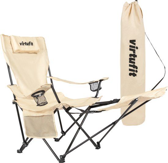 VirtuFit Opvouwbare Camping Stoel - Beige - Met Voetsteun