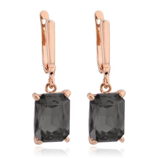 Deja Jewels Oorbellen met Hangers - Dames, Rosegoudkleurige Afwerking, Rechthoekige Smokey Grey Glassteen