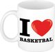 Bellatio Decorations I Love Basketbal wit met rood hartje koffiemok / beker 300 ml - keramiek - cadeau voor sport / basketbal liefhebber