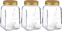 Pasabahce Pot de conservation/boîte de conservation Carré - 3x - verre - 1L - transparent/or - D10 x H17 cm - conservation des aliments