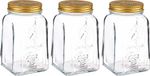 Pasabahce Pot de conservation/boîte de conservation Carré - 3x - verre - 1L - transparent/or - D10 x H17 cm - conservation des aliments