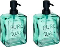 Berilo zeeppompje/dispenser PURE - 2x - groen transparant - glas - 18 x 6 x 10 cm - 570 ml - badkamer/toilet/keuken
