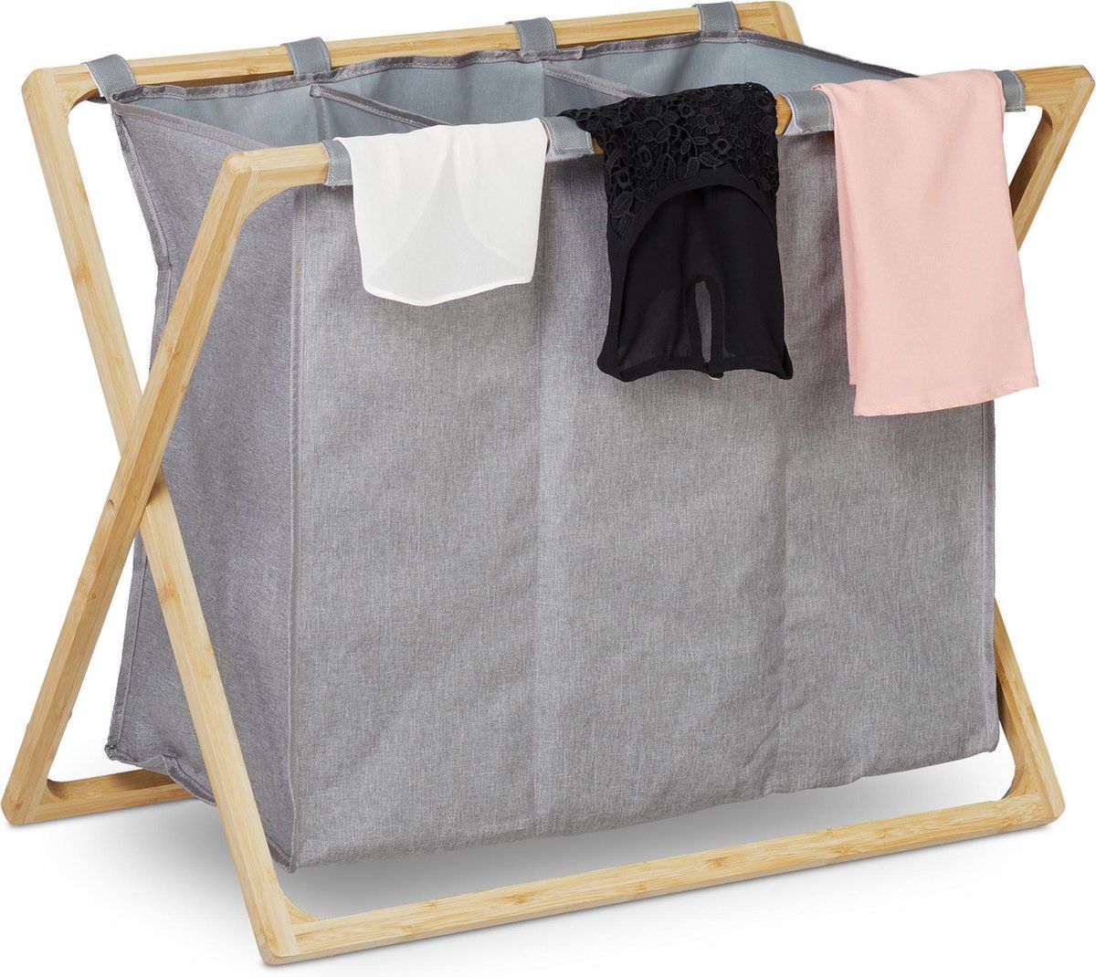 Relaxdays wasmand 3 vakken - wassorteerder - bamboe - inklapbaar - mand voor wasgoed