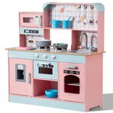 VEVOR Speelgoed voor kinderkeuken, houten keukenspeelgoedset met verlichting, geluiden, ijsmachine, oven, gootsteen, magnetron, koelkast, accessoires, speelgoed, keuken, 24 stuks, roze