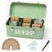 Relaxdays zaadopbergbox, metaal, saliegroen | 30 plantenlabels en zaadzakjes, pen, HxBxD: 13 x 33 x 18 cm, zaadbox, 3 vakken