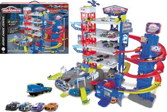 MAJORETTE Super Chase Center - 112x70x84 cm - 6 verdiepingen + 4 voertuigen - Die-cast - Vanaf 5 jaar - Speelgoedgarage