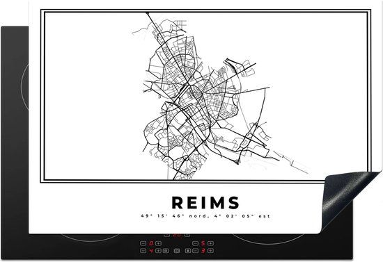 KitchenYeah® Inductie beschermer 77x51 cm - Reims – Plattegrond - Zwart Wit – Stadskaart - Inductiebeschermer