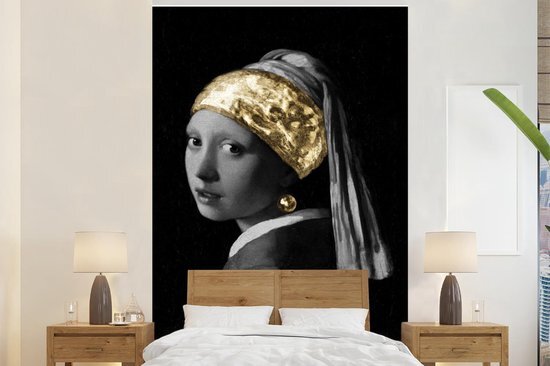 Nr1Wallpaper Behang - Fotobehang Meisje met de parel - Johannes Vermeer - Goud - Breedte 195 cm x hoogte 300 cm