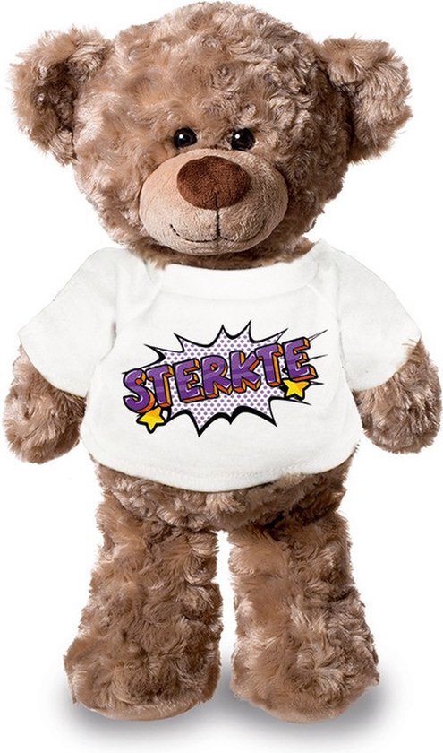 Bellatio Decorations Sterkte pluche teddybeer knuffel 24 cm met wit pop art t-shirt - sterkte / cadeau knuffelbeer