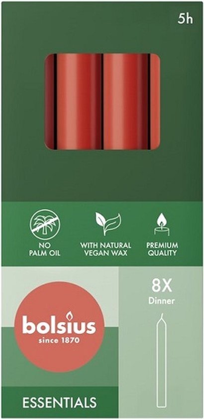 Bolsius Gladde staafkaarsen - rood - 8 stuks in doos - 17 cm - brandduur 5 uur - ongeparfumeerde - natuurlijke plantaardige was - druppelvrij - zonder palmolie