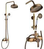Mitigeur de douche antique en laiton - Montage mural pour baignoire et douche - Pomme de douche pluie de 20 cm - Deux poignées - Eau chaude/froide - Cartouche en céramique - Rangement