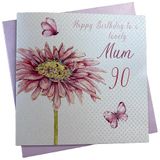 WHITE COTTON CARDS Wenskaart voor de 90e verjaardag, inscriptie Happy 90th Birthday to a Lovely Mum, handgemaakt, motief roze gerbera