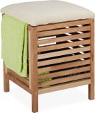 Merkloos Relaxdays wasmand met kruk, 35 liter, hout, stof, 51 x 39 x 39 cm, naturel
