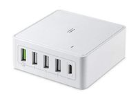 aiino Tafellader voor MacBook, MacBook Air, iPad PRO 2018 en 4 poorten voor iPhone Type-c PD + QC 3.0 + 3 USB, oplader 5 poorten, 60W, EU Plug - wit