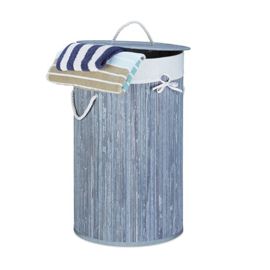 Relaxdays wasmand bamboe rond - ca. 80 L - 65 cm hoog - 5 kleuren - wasbox - waszak grijs