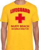 Bellatio Decorations Shoppartners Bv Lifeguard / strandwacht verkleed t-shirt / shirt Lifeguard Nudy Beach girls only geel voor heren - Bedrukking aan de voorkant / Reddingsbrigade shirt / Verkleedkleding / carnaval / outfit M