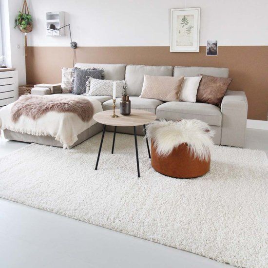 Tapeso Hoogpolig Vloerkleed Shaggy Trend Effen 160x230 cm Crème