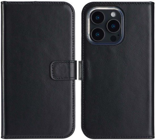 Selencia Echt Leren Bookcase voor de Apple iPhone 16 Pro - Zwart