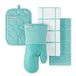 KitchenAid Gewatteerde katoenen badstof ovenwant, pannenhouder, keukenhanddoek set van 4 stuks, hittebestendig, siliconen grip, geschenkset, blauw, 40,6 x 66 cm, 17,8 x 33 cm en 17,8 x 25,4 cm