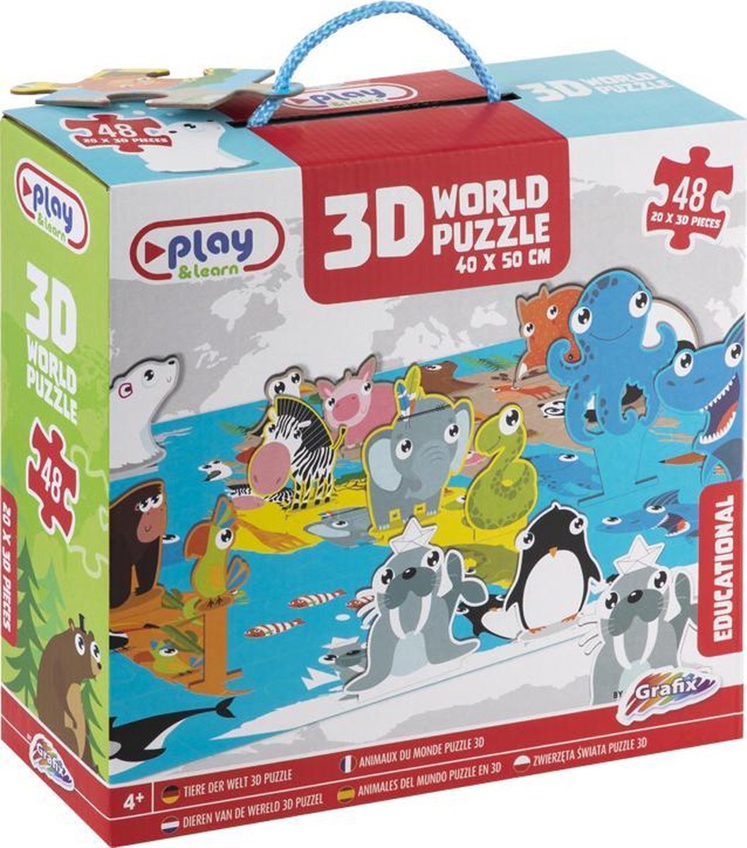 Grafix 3D Wereldpuzzel | 40 X 50 CM | 48 puzzelstukjes | puzzel voor kinderen vanaf 4 jaar | educatieve puzzel | puzzel dieren