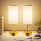 UPXNBOR Touch Nachtkastlampen Set van 2 met USB-A- en USB-C-oplaadpoorten, Bureaulamp, 3 helderheidsniveaus, Stoffen lampenkap van linnen, met kabel van 1,5 m, Goudkleurig (E27-lamp inbegrepen)