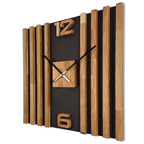 FLEXISTYLE Vierkante wandklok groot van hout lamellen SQ 60cm houtlook zwart 3D eiken modern zonder tikken woonkamer