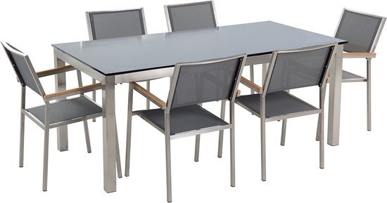 Beliani Tuinset glas zwart tafelblad 180x90cm 6 stoelen grijs GROSSETO