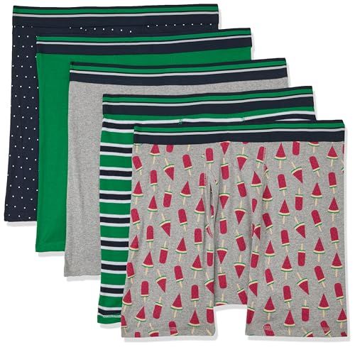 Amazon Essentials Men's Boxershorts - 5-Pack - Green/Heather Grey/Ice Pop/Dots/Stripes - L