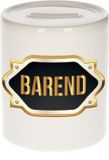 Bellatio Decorations Spaarpot met voornaam Barend - wit - met goud/zwart embleem - 8 x 9 cm - keramiek - met afsluitdop - cadeau verjaardag
