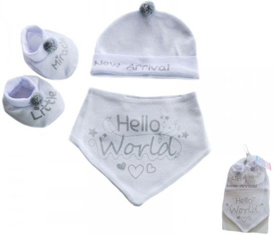 Soft Touch Babywear Soft Touch-baby-set-jongens-meisjes-uniseks-slofjes-bandana-mutjse-kleur: wit grijs-0-3 maanden wit