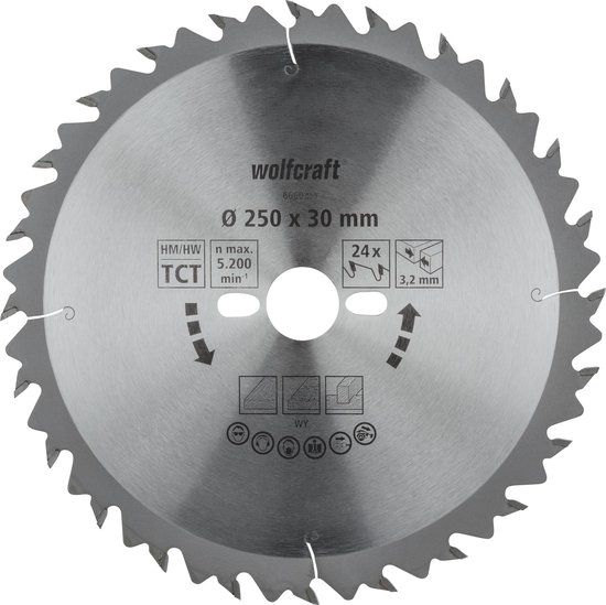 wolfcraft Tafelcirkelzaagblad HM, serie groen - 250 mm, 24 tanden