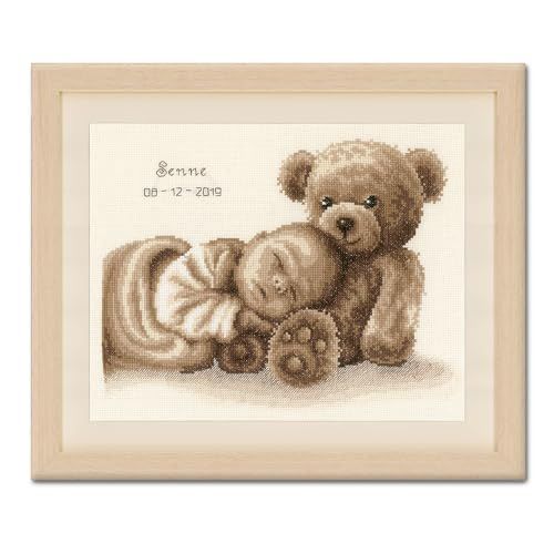 VERVACO Kruissteek Borduurpakket Geboorte Baby WELTERUSTEN Handwerkpakket voor Wanddecoratie 28 x 22 cm Borduurwerk met Telpatroon DIY Kit Babykamer Decoratie Cadeau Knutselen Voor Volwassenen