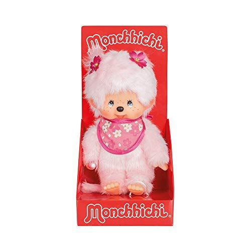 Sekiguchi 767020 - Origineel Monchhichi meisje kersenbloesem, pluche figuur met slabbetjes en vlechten met bloemen, ca. 20 cm groot knuffeldier van roze pluche