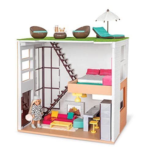 Lori LO37071Z Huis & Accessoires voor Mini Trendy Speelset met Pop & 3 Meubelkits - Woonkamer, Keuken, Slaapkamer, Outdoor Patio Loft - 3 Jaar +