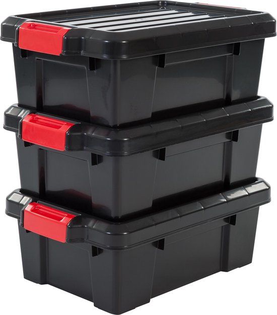 IRIS Powerbox Opbergbox - 12.5L - Set van 3 - Zwart/Rood