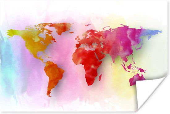 PosterMonkey World Map Wall Decoration - Watercolor Rainbow - 90x60 cm - Poster