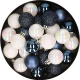 Merkloos / Sans marque Kleine kerstballen - 28x st - donkerblauw/parelmoer wit - D3 cm - kunststof - kerstversiering