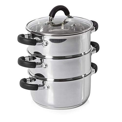 Tower T80836 Essentiële Inductie Stoomboot Pannen 3 Niveau met Glas Deksel, Siliconen Handvatten, Roestvrij Staal, Stoomboot Koken, Gepolijst Spiegel Afwerking, 18 cm, Zilveren