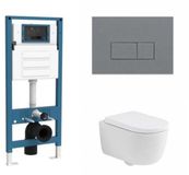 QeramiQ Dely Swirl Toiletset - inbouwreservoir Qeramiq Flush - 35mm zitting - kunststof licht grijze bedieningsplaat - rechthoekige knoppen - mat wit