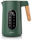 Arendo waterkoker, roestvrij staal, 1,7 liter, 2200 W, theekoker met temperatuurregeling van 40 tot 100 °C, 5 directe selectietoetsen, dubbele wand, handgreep met houtlook, LED-display, BPA-vrij, groen
