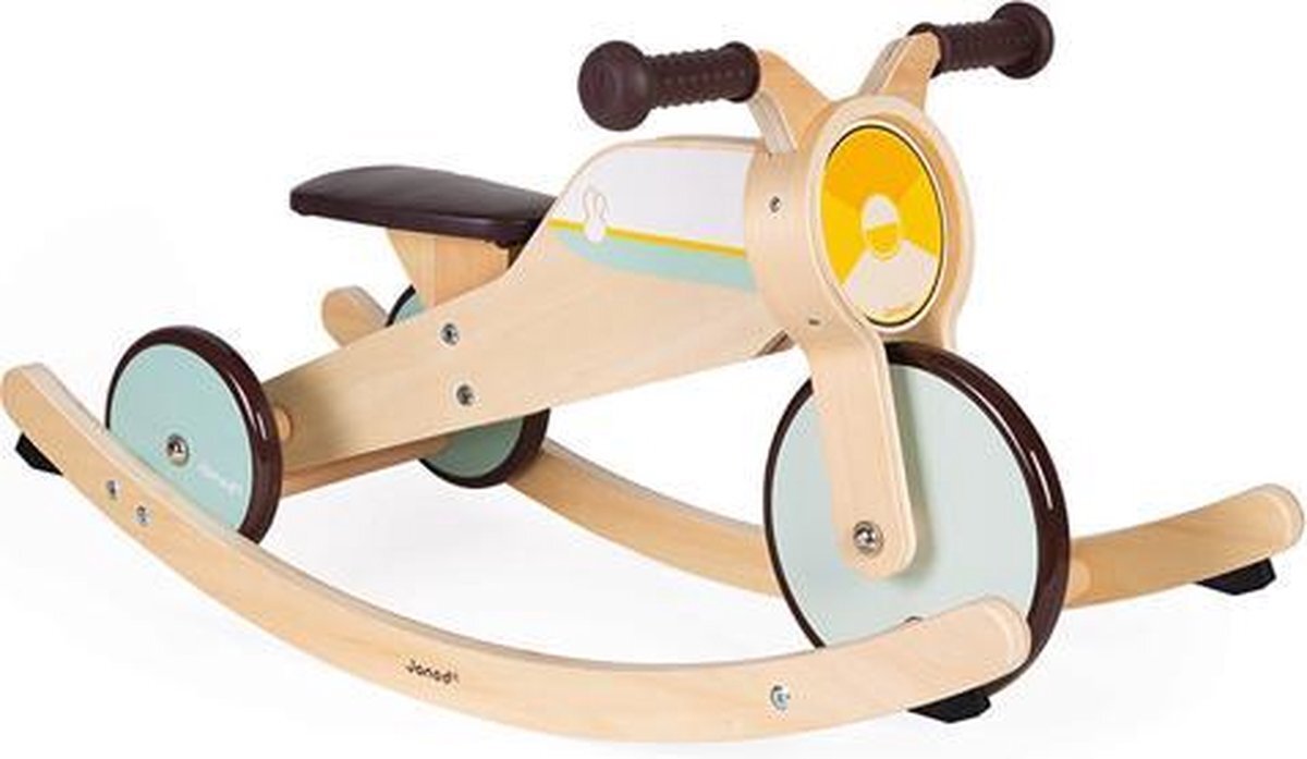 Janod Houten Schommelmotor en Houten Loopfiets driewieler 2-in-1