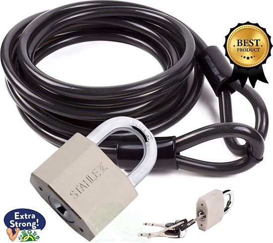 Staalkabel 12mm - 5 meter met lussen - Hangslot 70 mm - 4 Sleutels - Zwart