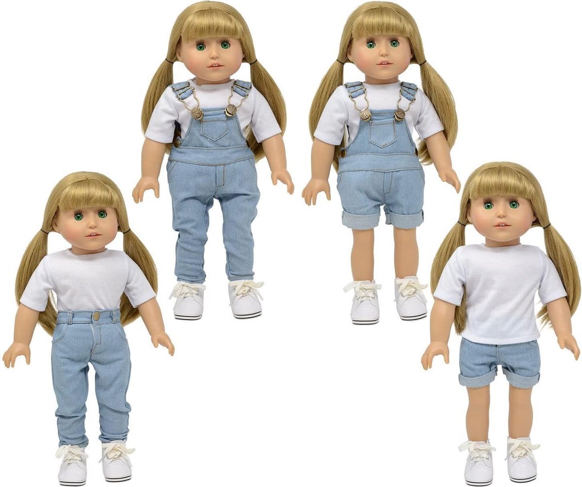 The New York Doll Collection Dolls Light Denim Overalls Set of 3 - Jeans Broek voor 46cm Pop