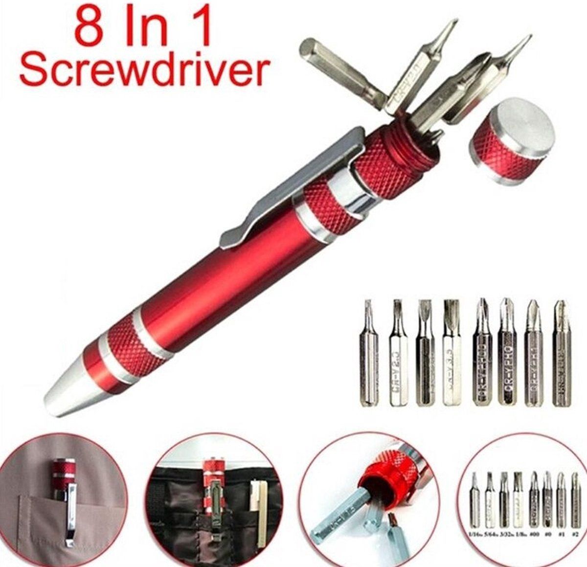 Elemental Goods 8 in 1 Mini Schroevendraaier Pen - Rood - Metaal