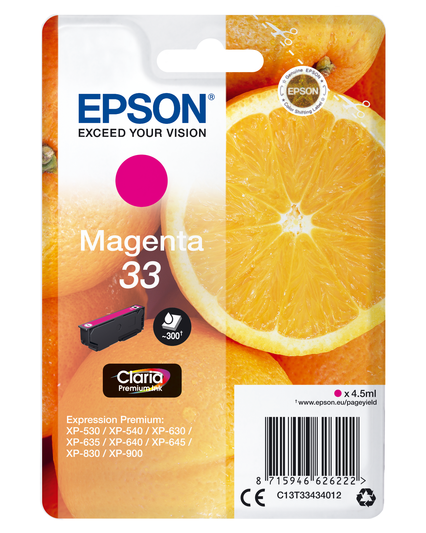 Epson Oranges Singlepack Magenta 33 Claria Premium Ink single pack / magenta