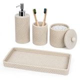 Badkamer Accessoires Set 4-delige Lotion Zeepdispenser, Tandenborstelhouder, Qtip Houder Dispenser, Vanity Tray voor Decor Badkamer Aanrecht, Vanity Organizer-Beige