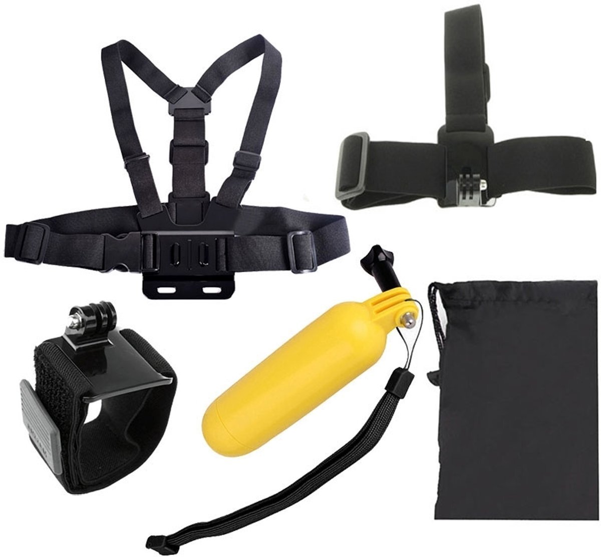 - 5 In 1 Go Pro kit met oa borstband + Hoofdband + drijvende Handgreep + Polsriempje Band Klittenband Houder + Bag Set voor GoPro Hero 4 / 3+ / 3 / 2 / 1